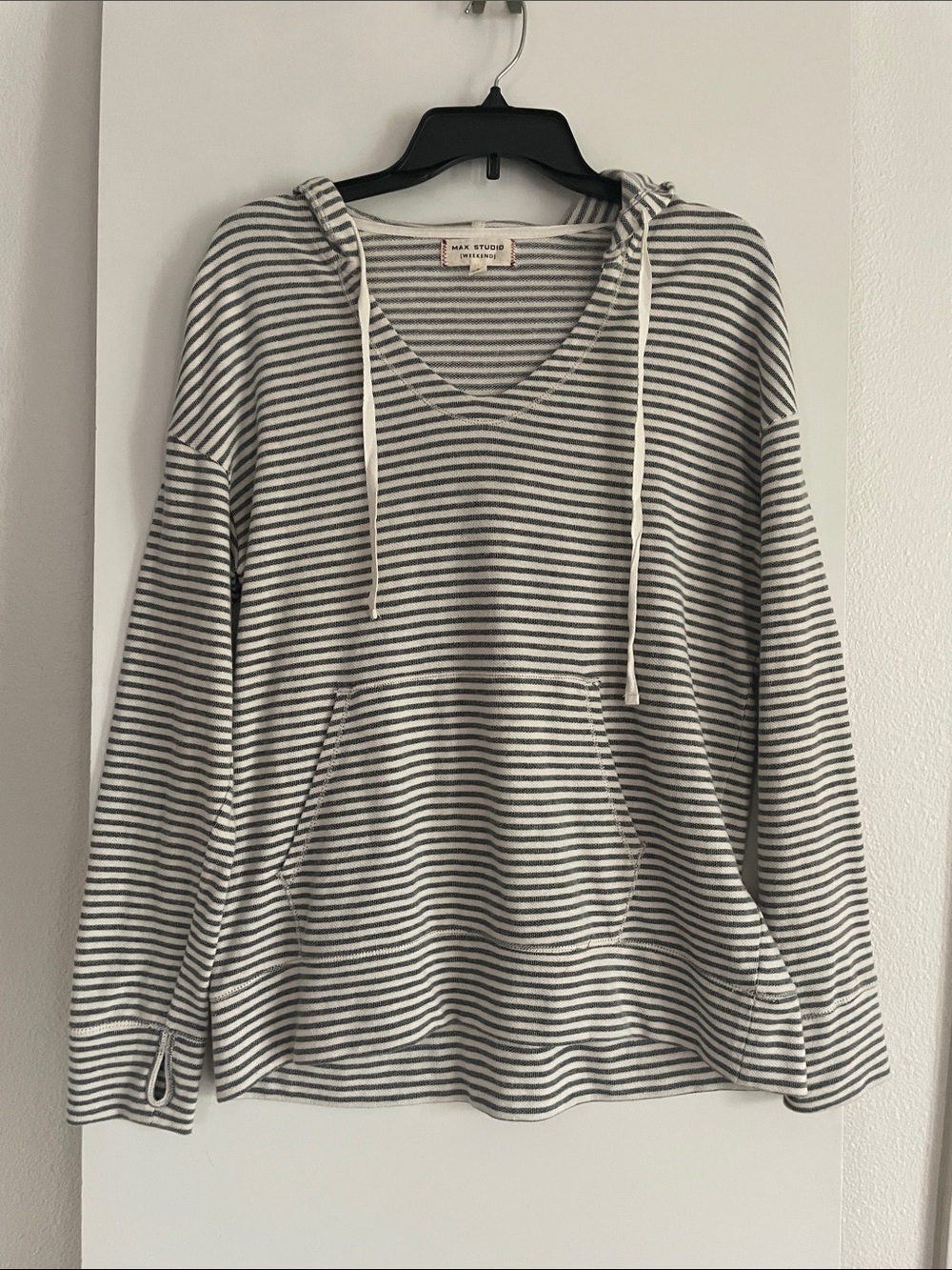 Max Studio Cotton Sweatshirt Hoodie Top Thin Striped Long Sleeve Grey Ivory